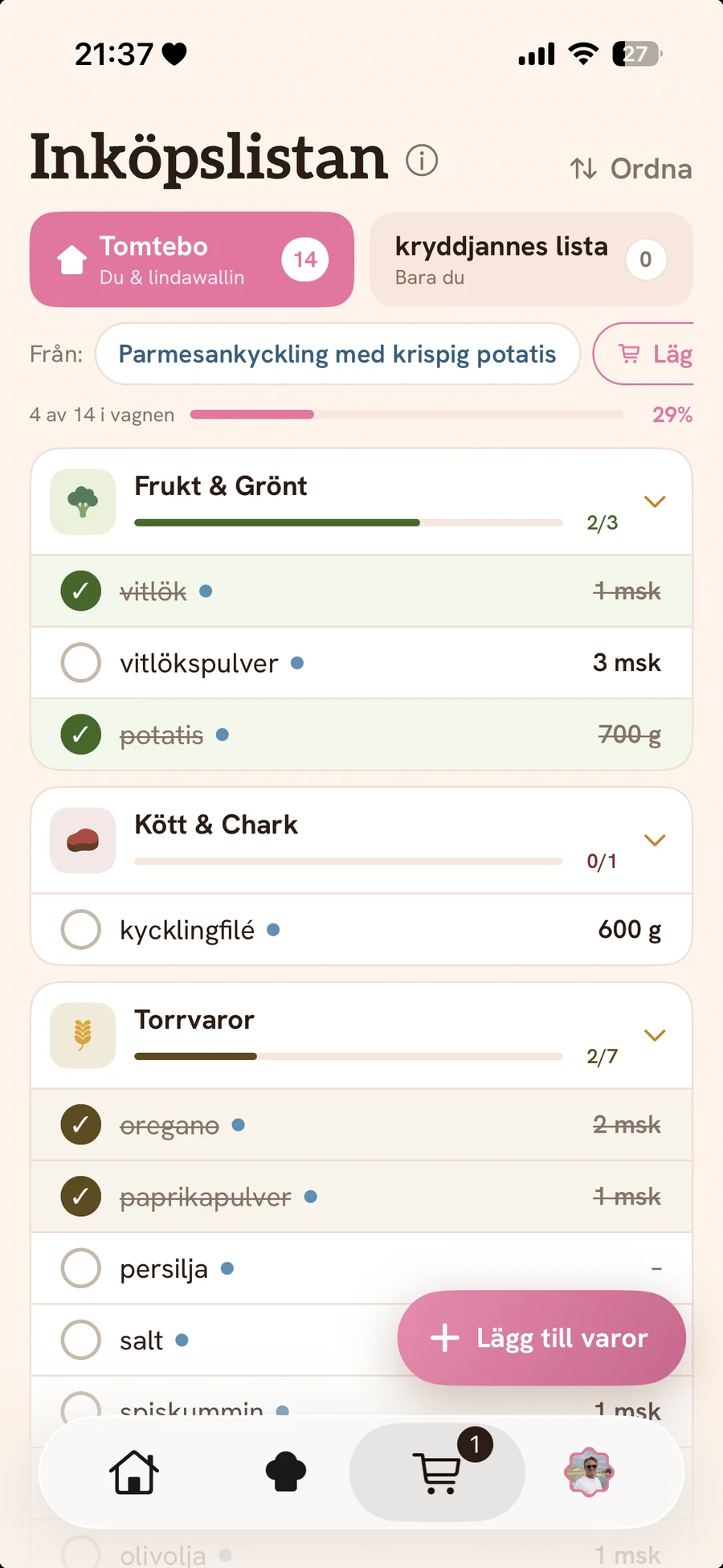 En delad inköpslista i SousChef
