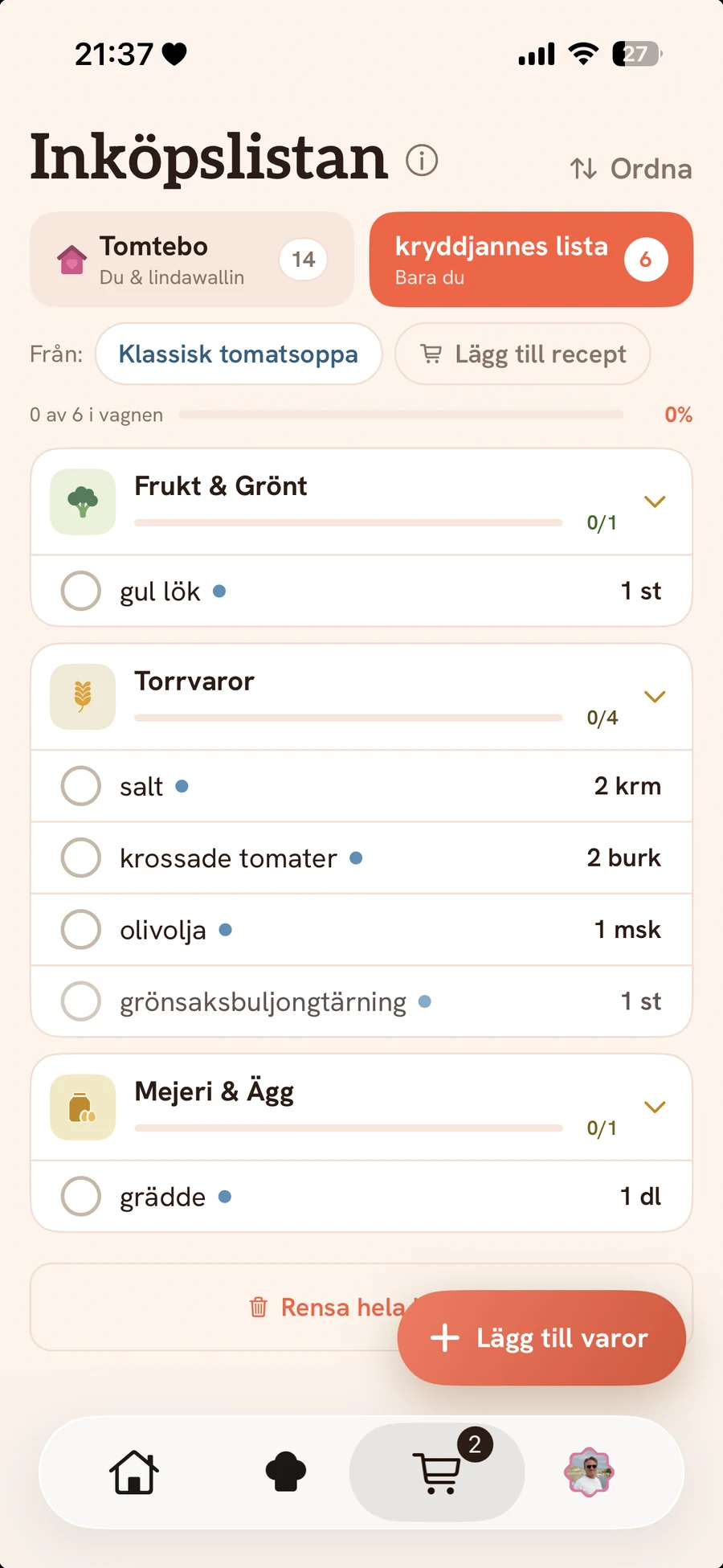 Inköpslistan i SousChef
