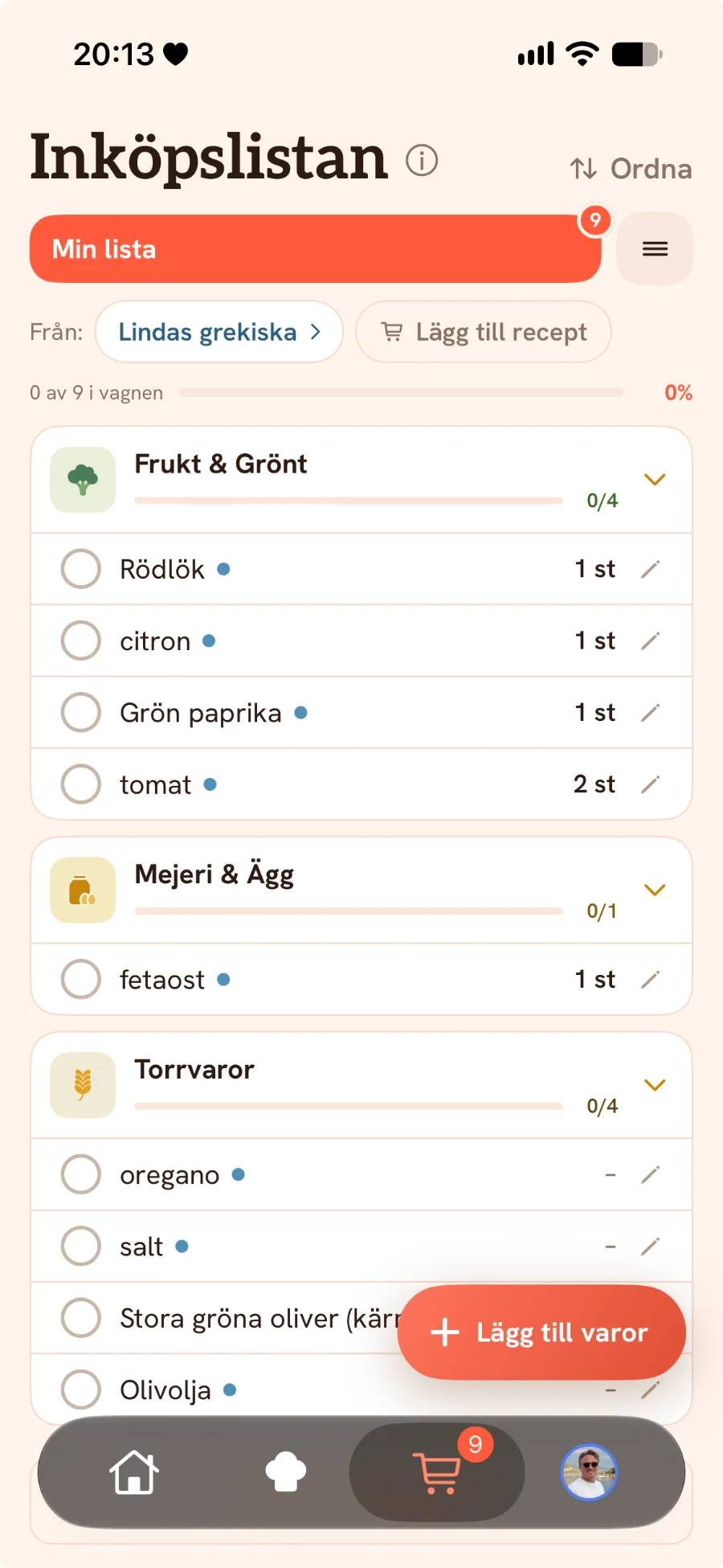 Inköpslistan i SousChef
